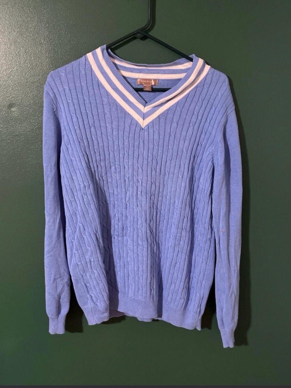 White Stag Men’s V-Neck Cable Sweater in Lavender with White Trim